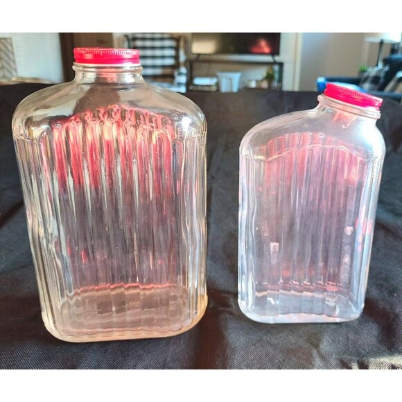 2 Milk Water Antique Vintage Ribbed Glass Bottles With Red Caps Anchor Hocking - Picture 2 of 13